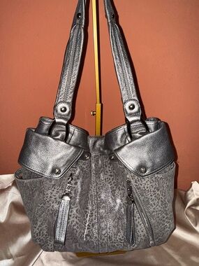 b. makowsky Metallic Gray Textured Shoulder Bag
